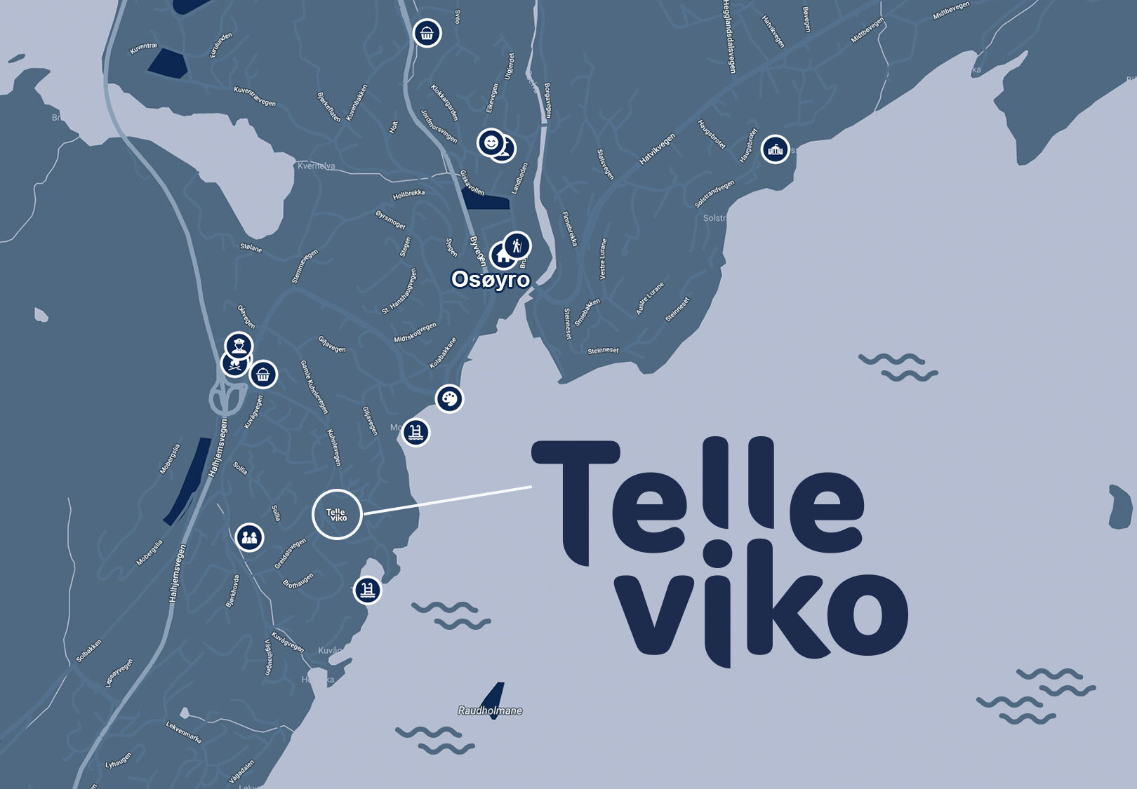 Kart som viser nærområdet til boligprosjektet Telleviko nær Osøyro