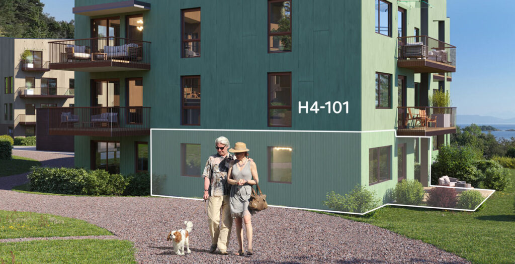 Illustrasjon som viser leilighet H4-101 i boligprosjektet Telleviko. Foran leiligheten, som er på bakkeplan, står et par med en hund.