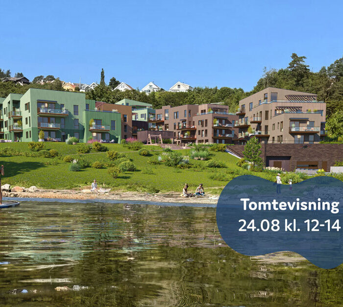 Illustrasjon av boligprosjektet Telleviko, sett fra vannet. På illustrasjonen står teksten "Tomtevisning 24.08 kl.12-14"