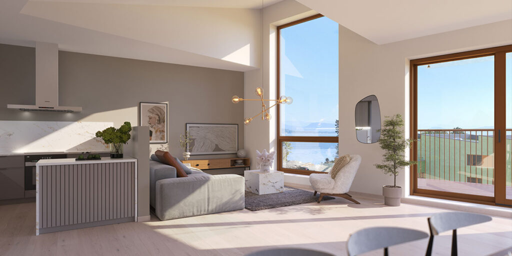 Bilde som viser interiør i stue og kjøkken på leilighet H2-401 i Telleviko.