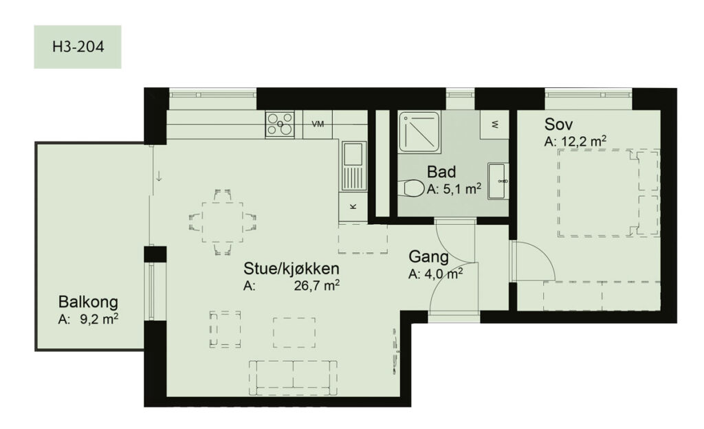Plantegning som viser leilighet H3-204 i Telleviko.