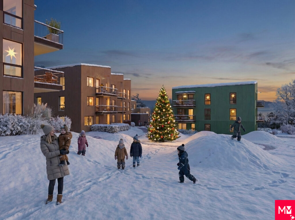 Illustrasjonsbilde som viser uteområdet mellom byggene i Telleviko. På bildet er det glade barn som leker i snø og et vakkert pyntet juletre.