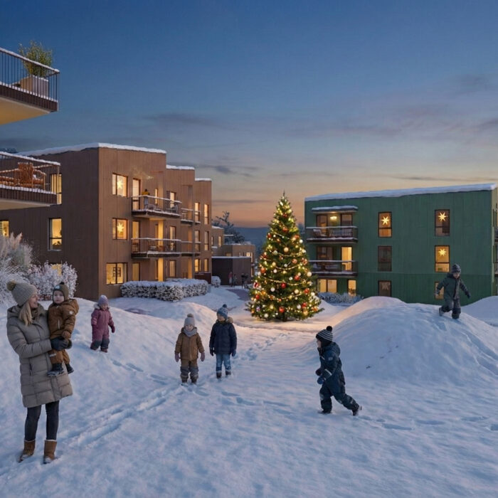 Illustrasjonsbilde som viser uteområdet mellom byggene i Telleviko. På bildet er det glade barn som leker i snø og et vakkert pyntet juletre.