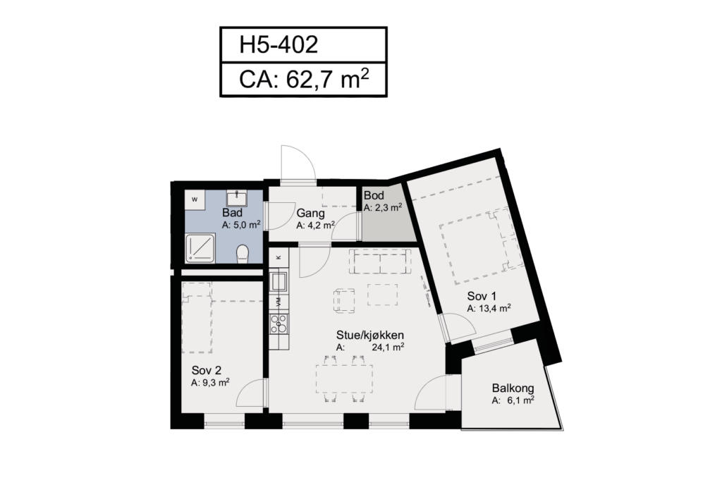 Plantegning av leilighet H5-402 i Telleviko nyboligprosjekt. Leiligheten er på 62,7 kvadratmeter
