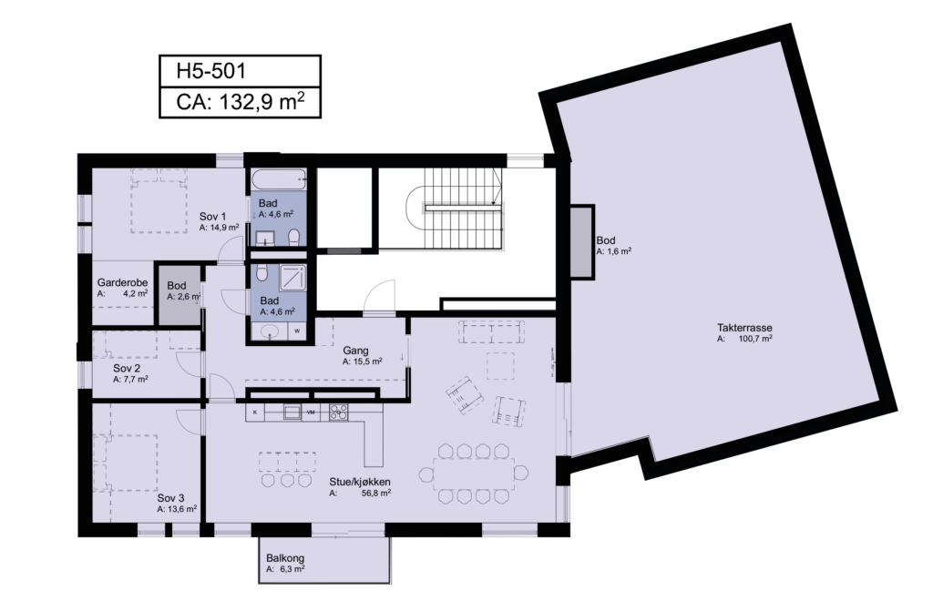 Plantegning av leilighet H5-501 i Telleviko nyboligprosjekt. Leiligheten er på 132,9 kvadratmeter