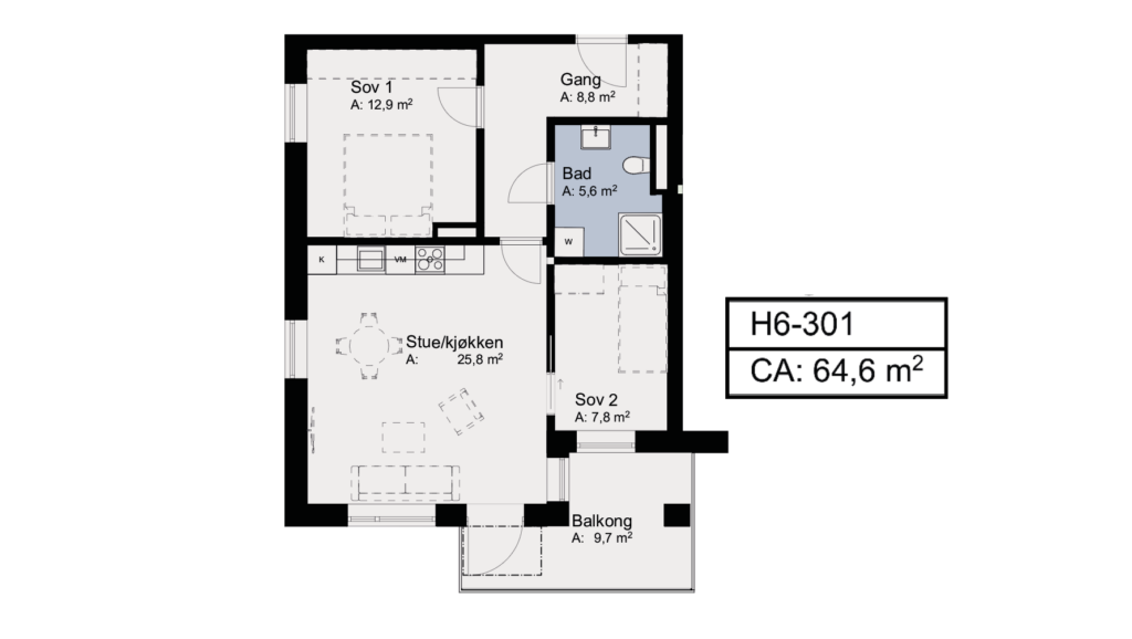 Plantegning av leilighet H6-301 i Telleviko nyboligprosjekt. Leiligheten er på 64,6 kvadratmeter